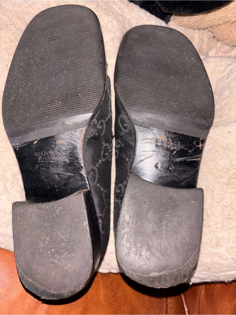 Gucci Vintage GG Monogram Black Fabric Block Heel Pumps Loafers Size 4 Italy